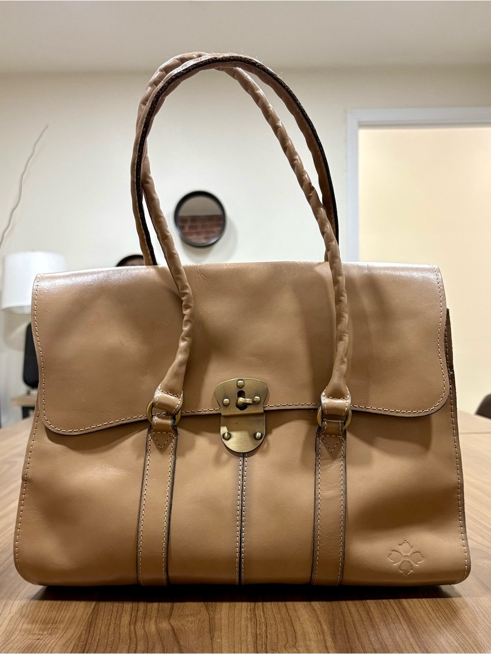 Patricia Nash Light Tan Leather Satchel with Gold Hardware
